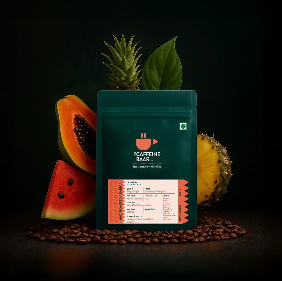 mixed fruit fermentation sample packet, india coffee from the caffeine baar cafe & roastery