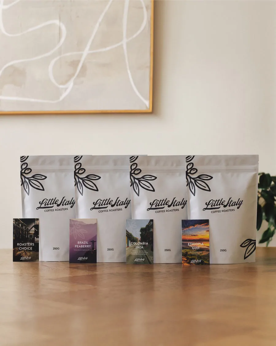 single origin sample pack, ethiopia + colombia + brazil coffee from little italy coffee roasters - roastery