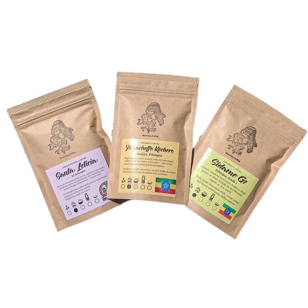 cafetière tasting pack, ethiopia + brazil + el salvador coffee from dusty ape coffee roastery & coffee bar