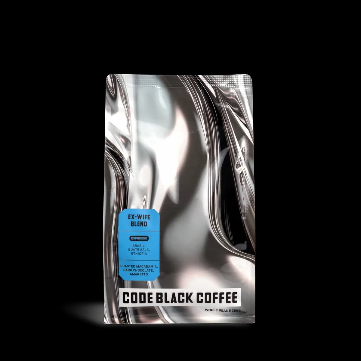 meraki x code black coffee ex-wife espresso blend, ethiopia + brazil + guatemala coffee from code black