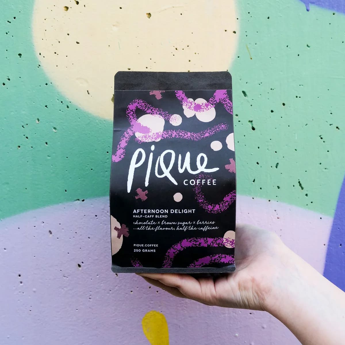 afternoon delight half-caff blend, ethiopia + colombia + brazil coffee from pique coffee