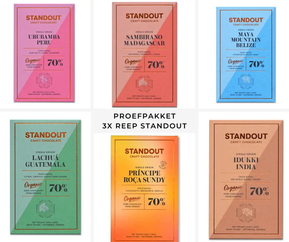 proefpakket standout craft chocolate 3 x 50 gram, peru + guatemala + india coffee from koffiebranderij gebrand op smaak