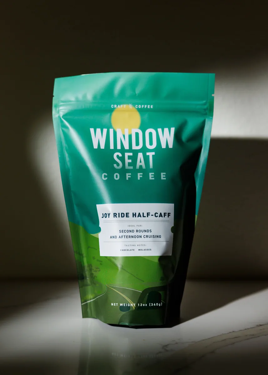 joy ride half-caff roasted coffee, brazil coffee from window seat coffee