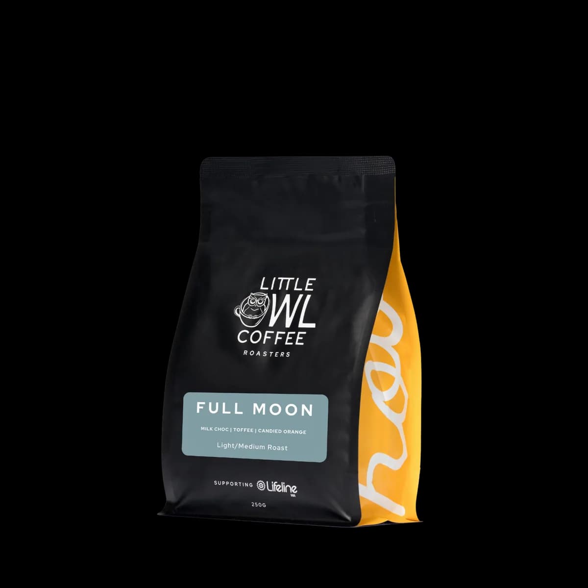 full moon blend, ethiopia + brazil + guatemala coffee from little owl coffee roasters