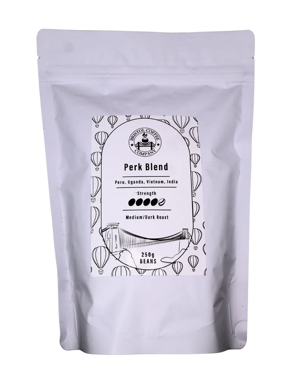 perk blend, uganda + peru + vietnam + india coffee from bristol coffee company ltd