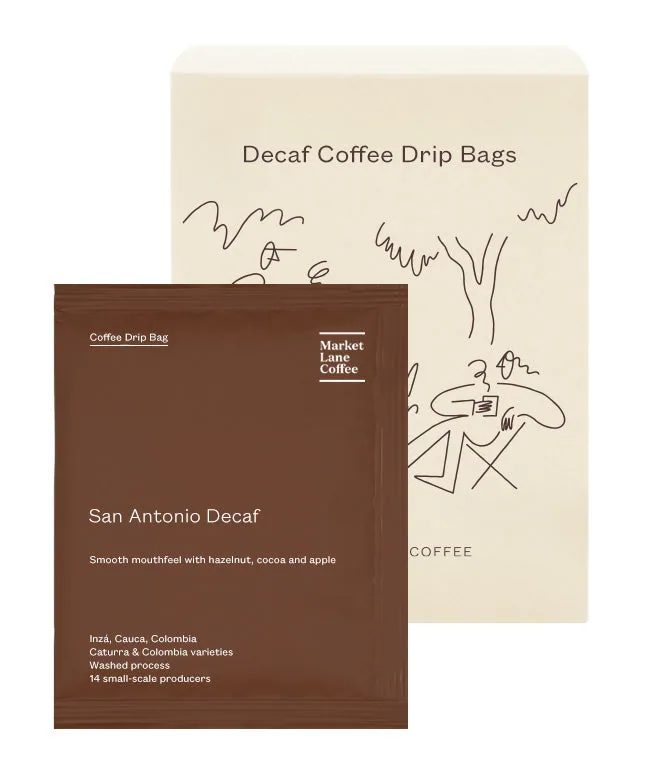 coffee drip bags – san antonio decaf, colombia coffee from market lane coffee