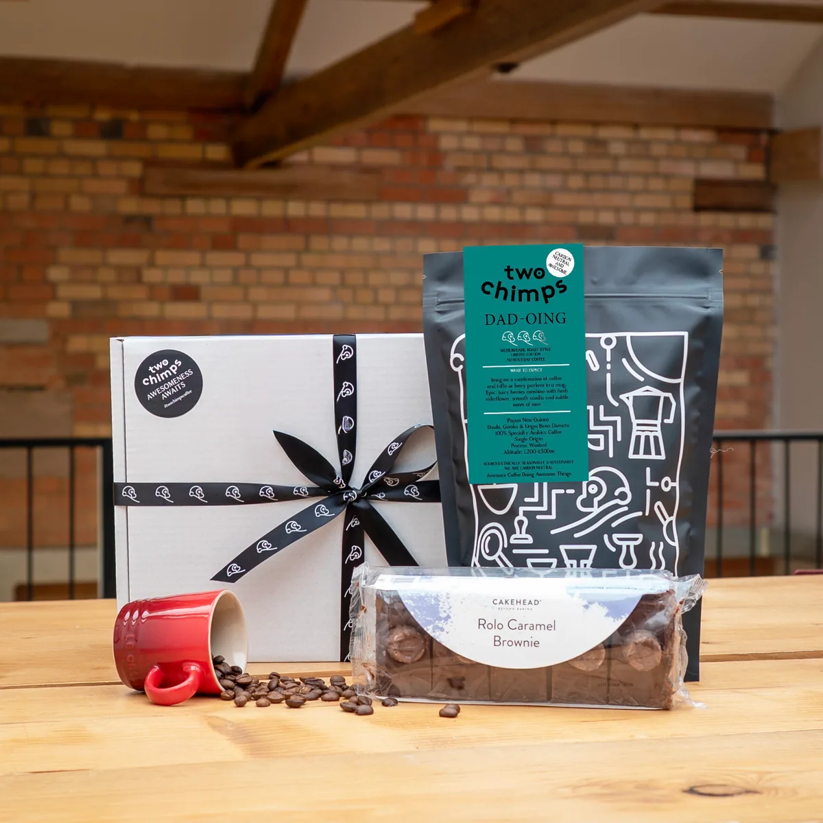 fathers day coffee and cake gift box, papua new guinea coffee from two chimps coffee