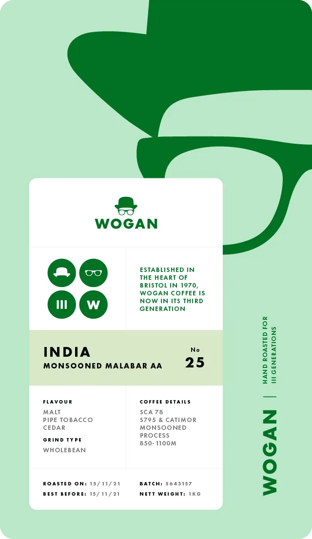 india monsooned malabar aa, india coffee from wogan coffee roastery shop & brew bar