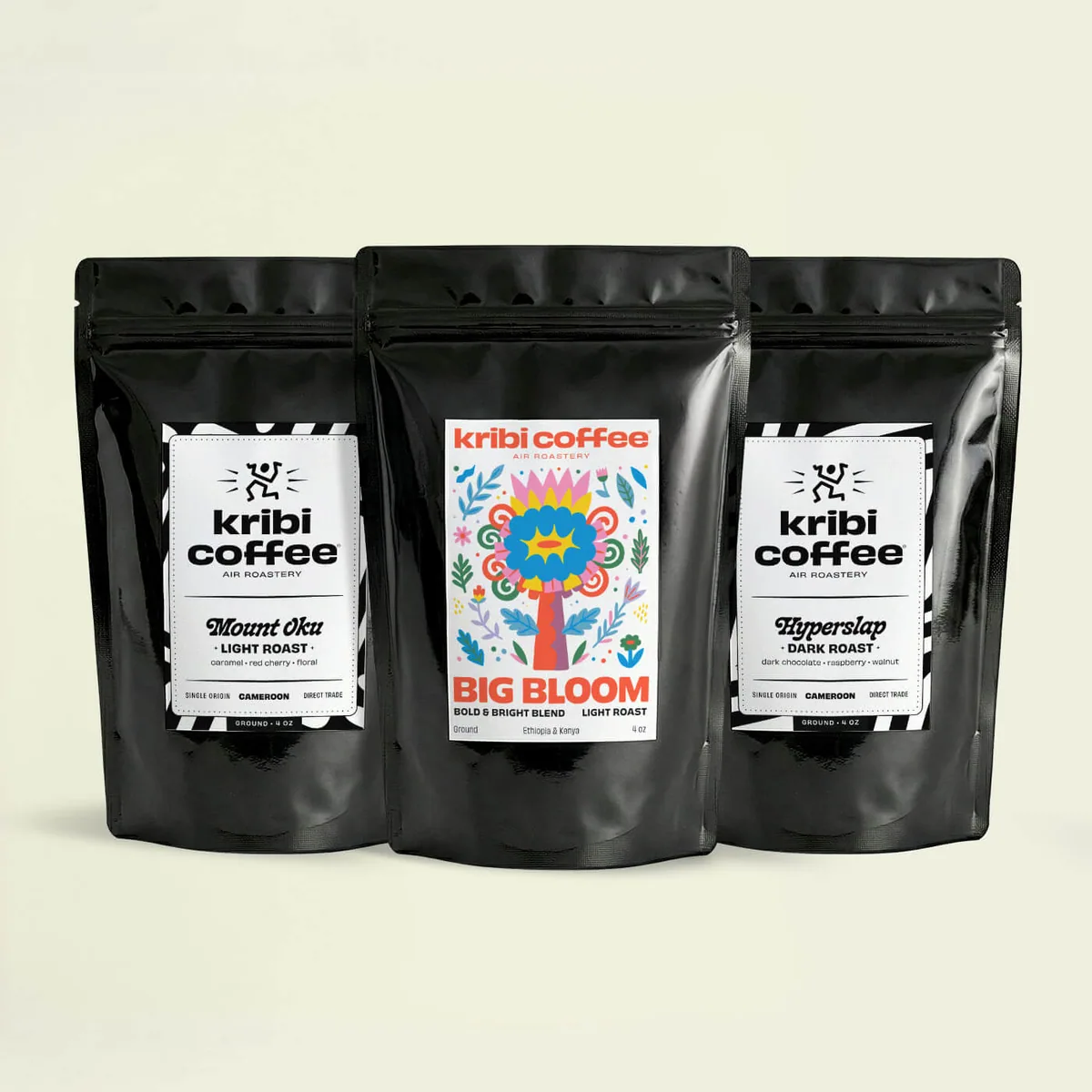 big bloom tasting trio, ethiopia + kenya coffee from kribi coffee - forest park