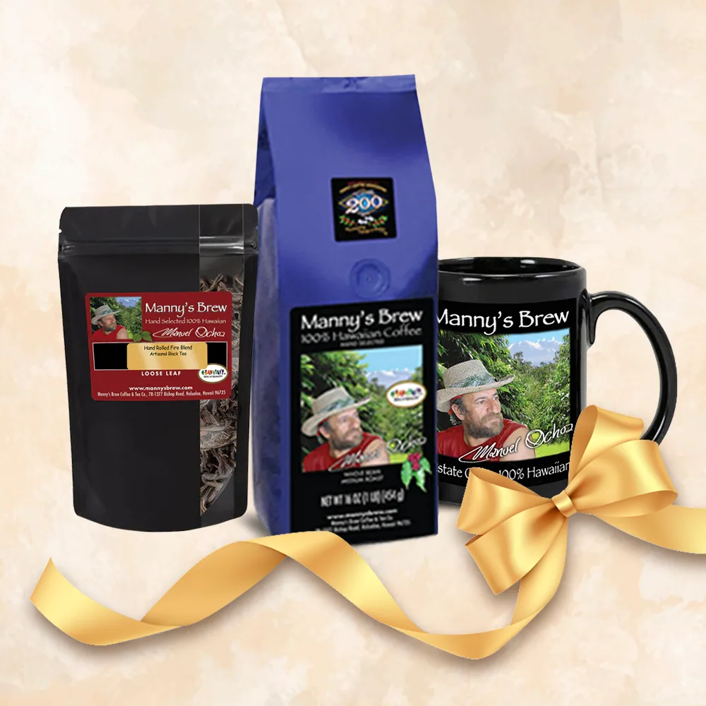 manny's tasting trio gift pack, hawaii coffee from buddha's cup kona coffee and tea farm