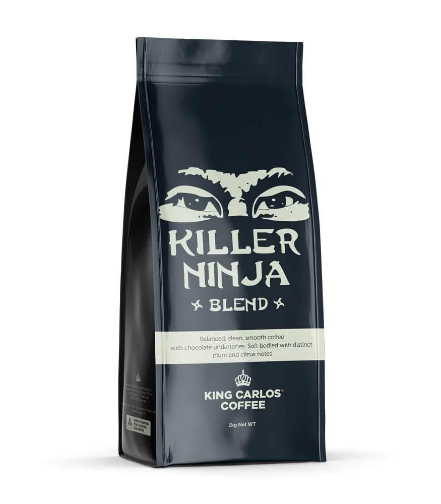 killer ninja, specialty coffee blend, ethiopia + colombia + brazil coffee from king carlos coffee roasters