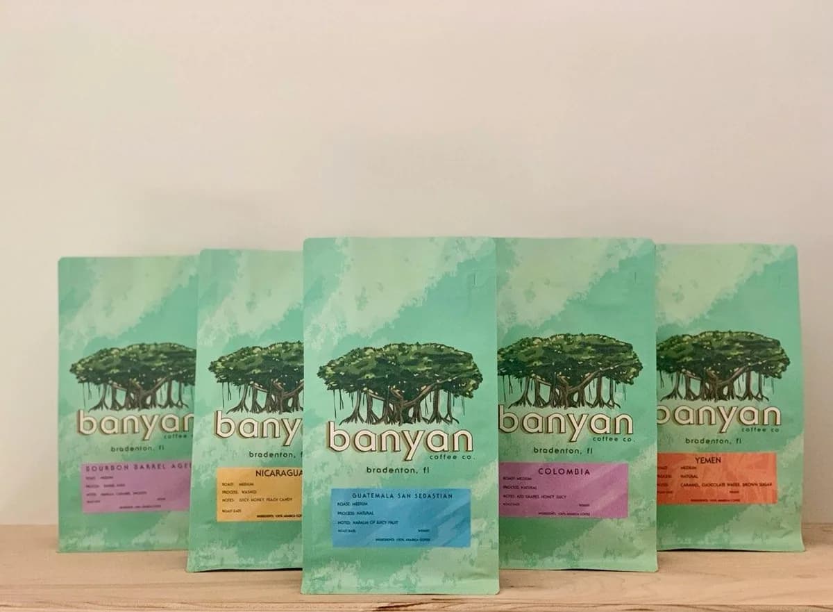 banyan limited release coffees sample gift pack (bourbon barrel aged coffee, san sebastián guatemala, yemen, colombia lactic process, nicaragua peach candy), colombia + guatemala + nicaragua + yemen coffee from banyan coffee co.