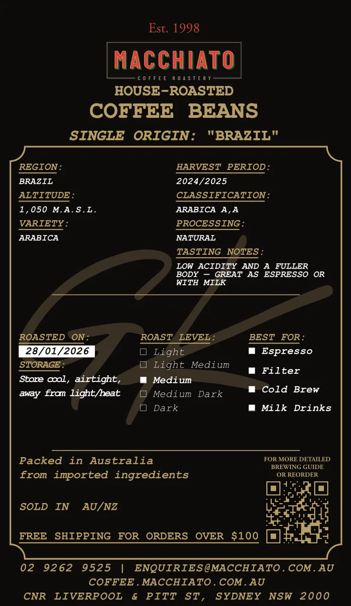 single origin brazil — lua roxa (natural, cerrado), brazil coffee from macchiato wood fire pizza and coffee roasters