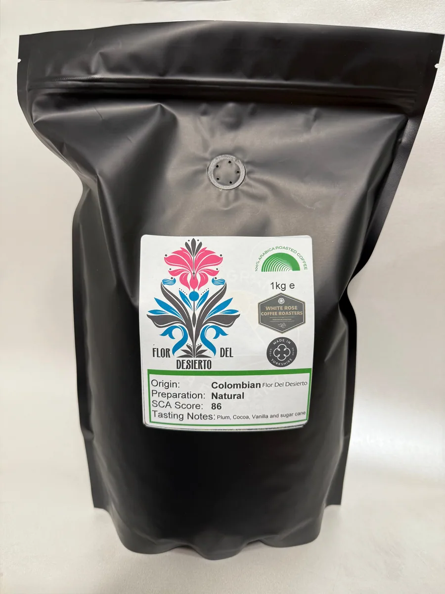 colombian natural flor del desierto arabica roasted coffee, colombia coffee from white rose coffee roasters