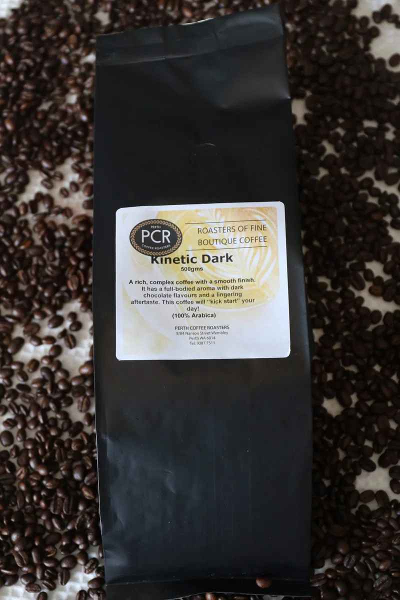 kinetic dark 500g beans, ethiopia + kenya + colombia + guatemala + indonesia + india + papua new guinea coffee from perth coffee roasters