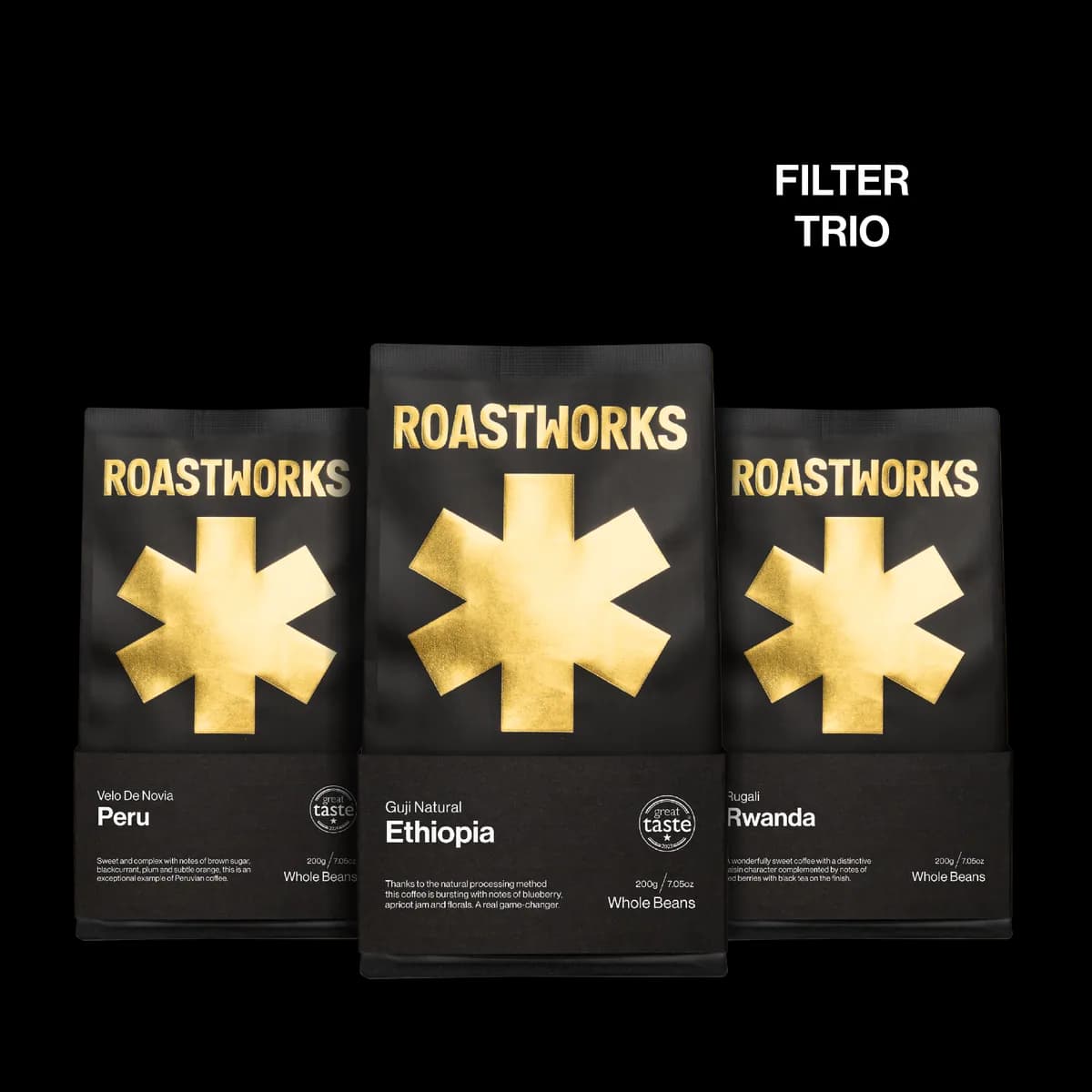 filter trio, ethiopia + rwanda + peru coffee from roastworks coffee co