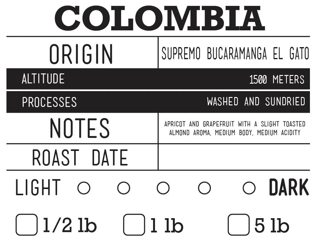 colombia supremo bucaramanga el gate, colombia coffee from lobos coffee roasters