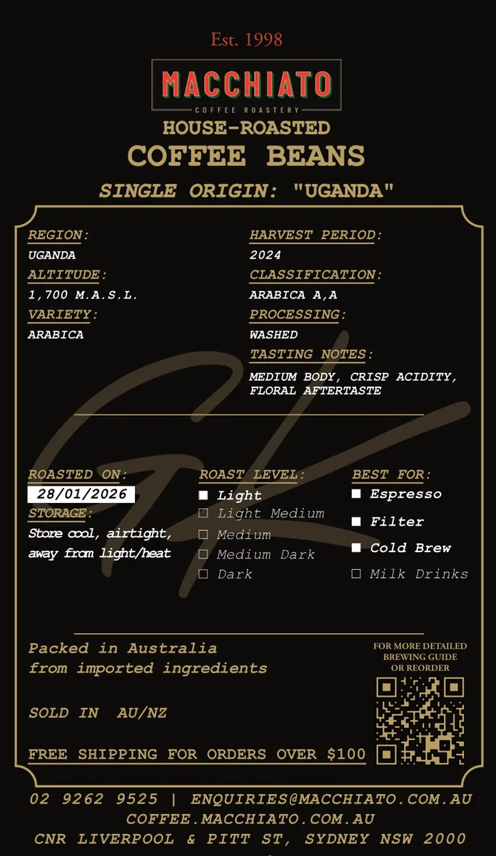 single origin uganda (washed arabica), uganda coffee from macchiato wood fire pizza and coffee roasters