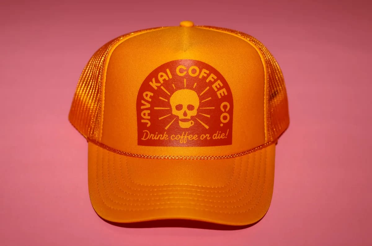 drink or die tomb stone logo// yellow, indonesia + hawaii coffee from java kai