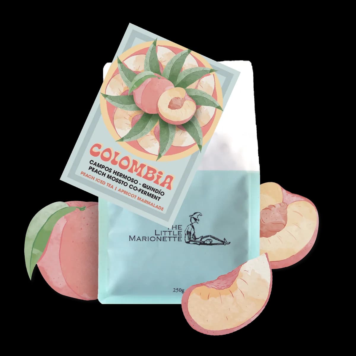 colombia | campos hermoso ~ quindío peach mossto, colombia coffee from the little marionette coffee roastery