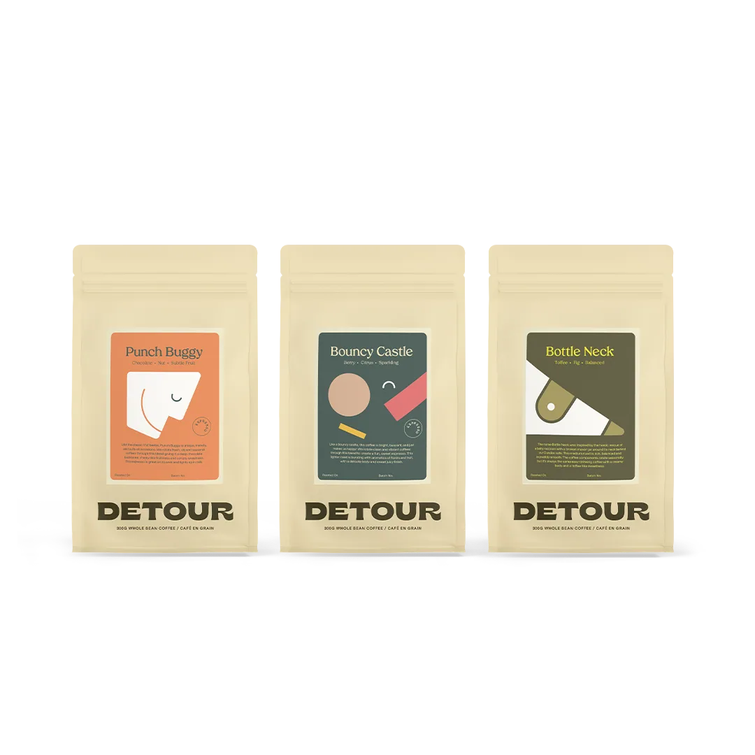 essentials tasting pack, colombia + brazil + guatemala + costa rica coffee from detour coffee roasters