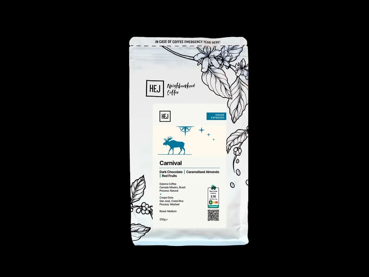 carnival blend, brazil + costa rica coffee from hej roastery and coffee house