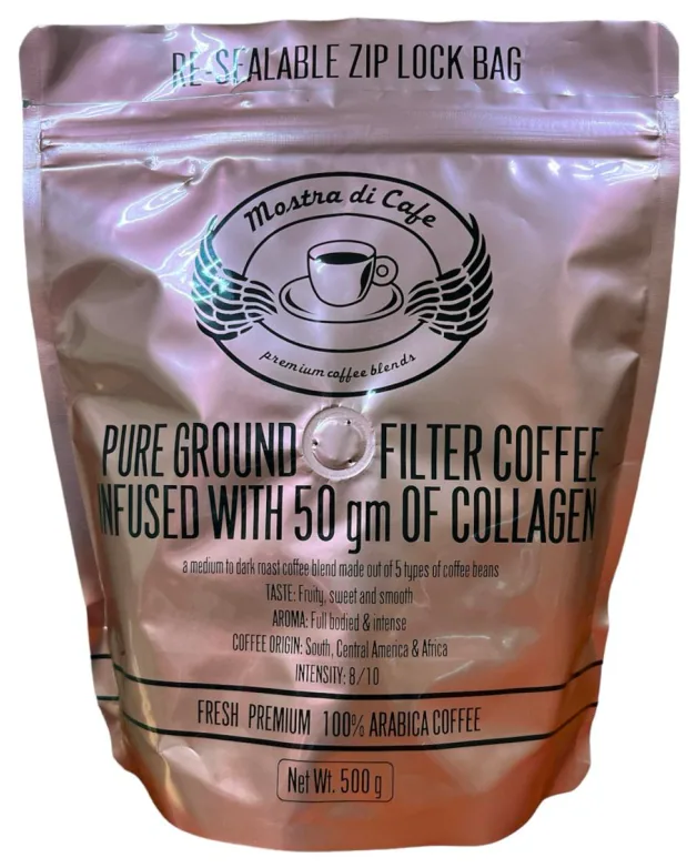 collagen infused ground – 500gm, ethiopia + uganda + guatemala + honduras coffee from mostra di cafe - coffee roastery