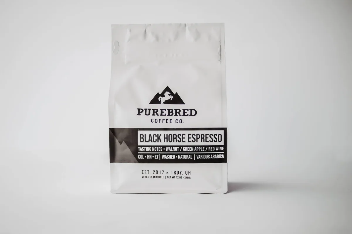black horse espresso blend, ethiopia + colombia + honduras coffee from purebred coffee co.