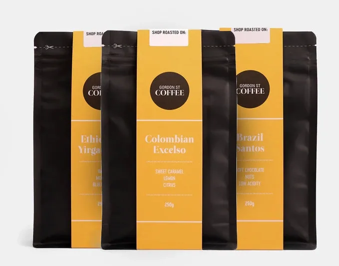 light roast collection, ethiopia + colombia + brazil coffee from gordon street coffee
