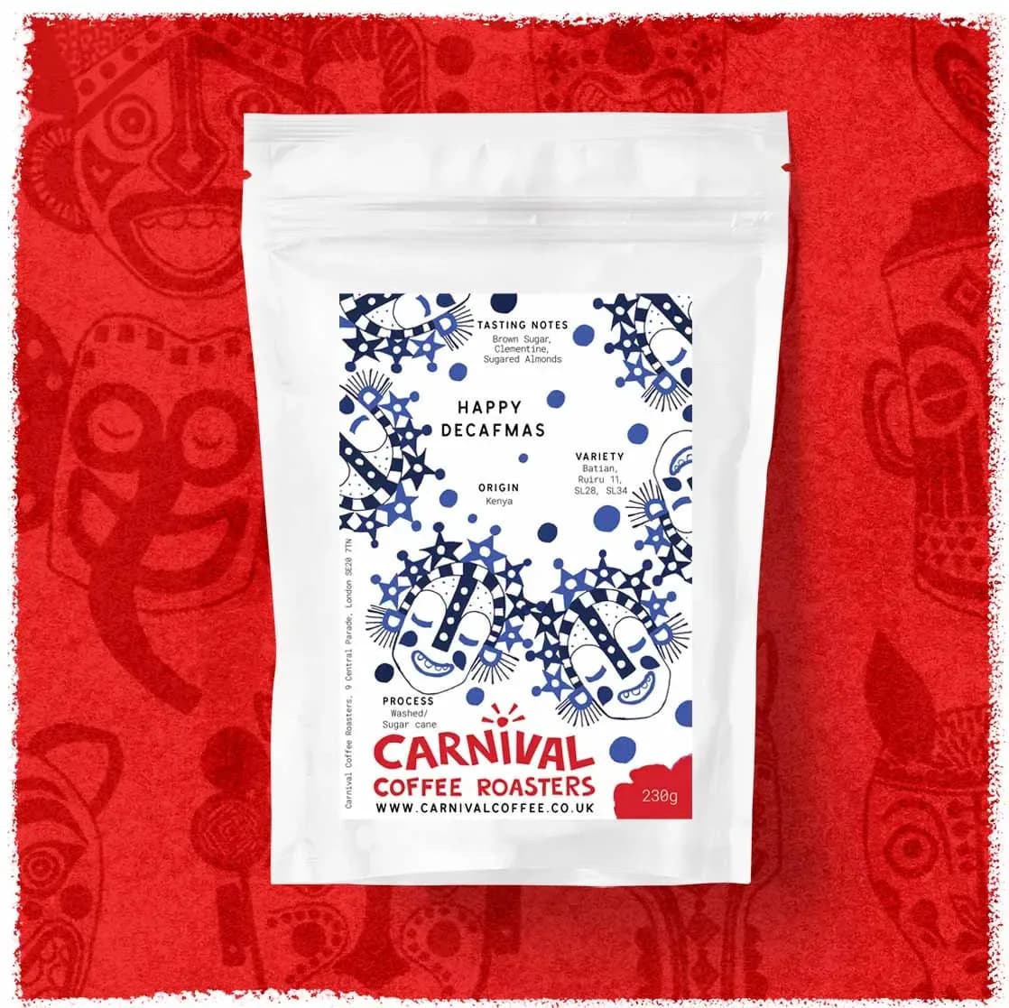 decaf - happy decaf-mas - kenya - brown sugar, clementine, sugared almonds, kenya coffee from carnival coffee roasters