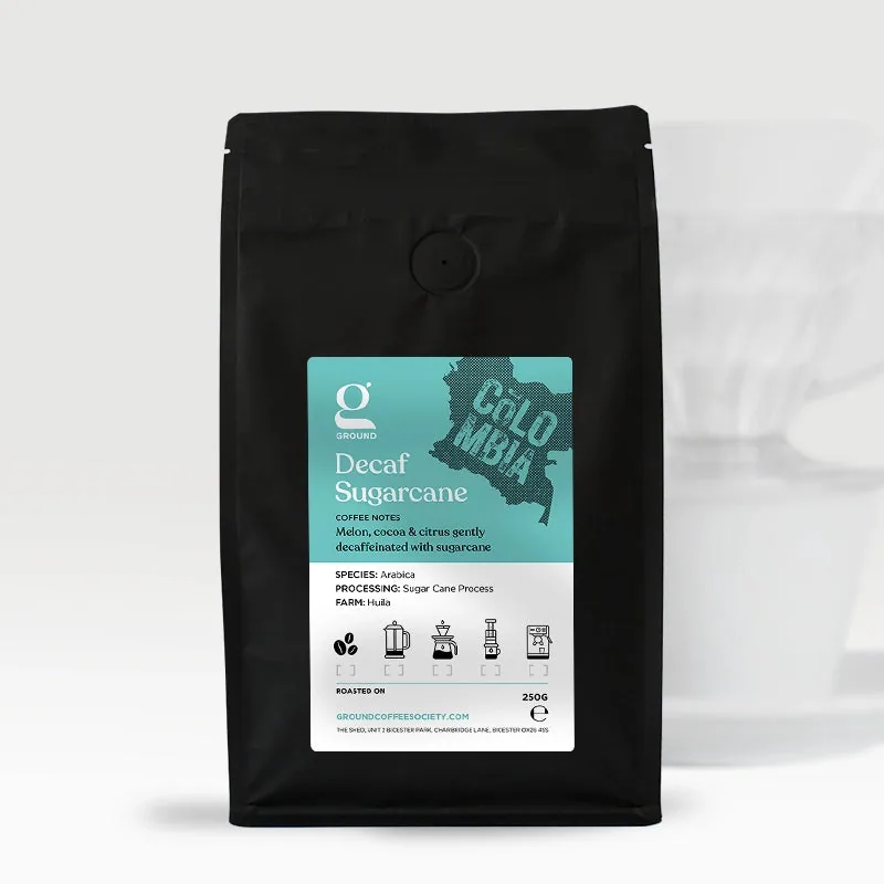 decaf colombia sugarcane, colombia coffee from ground coffee society