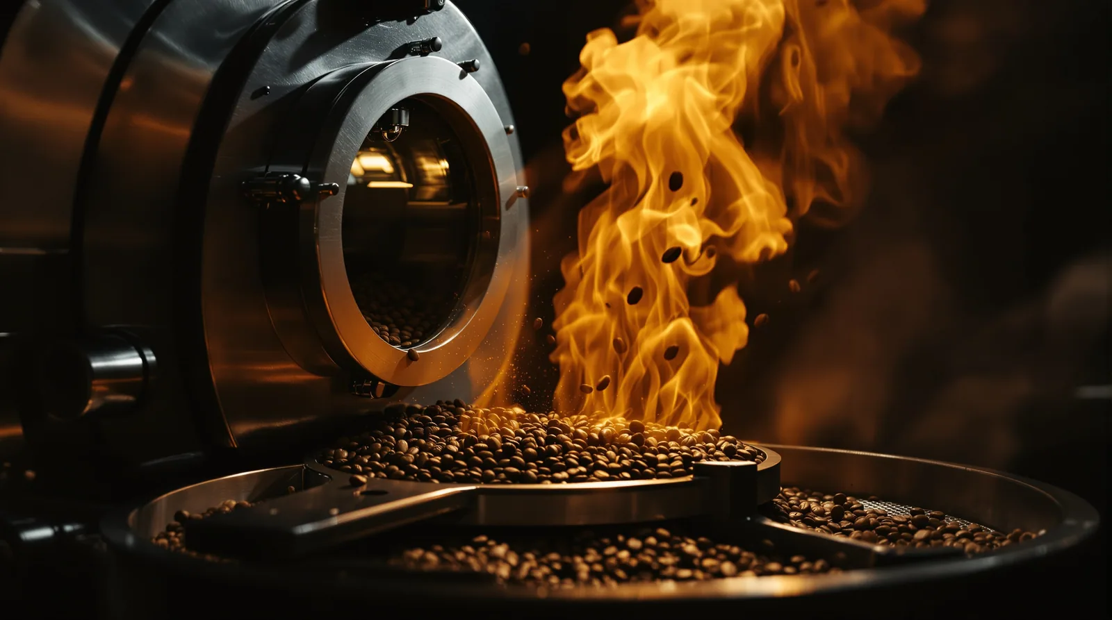 a drum coffee roaster mid-batch, beans tumbling behind the viewing glass in warm amber light