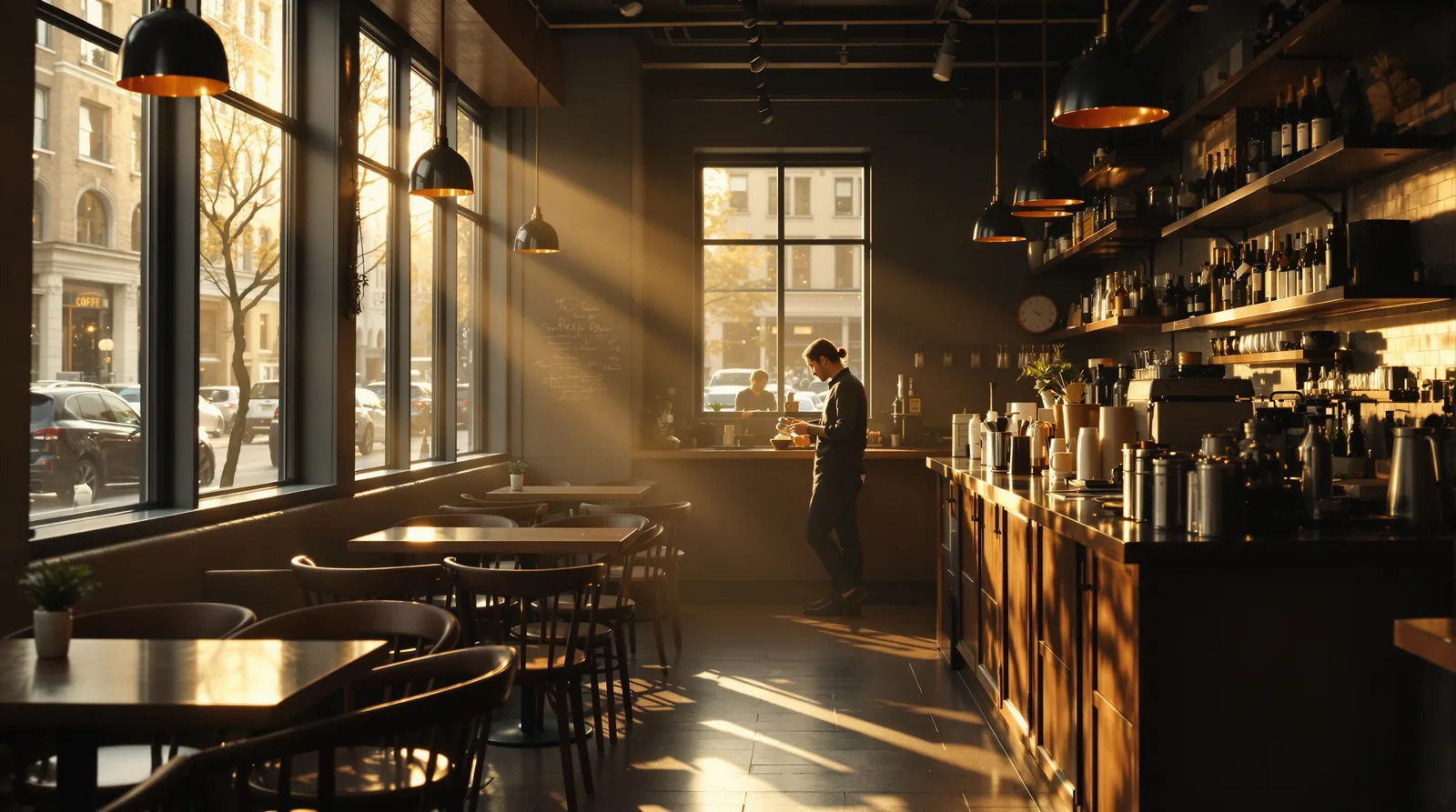 specialty cafe at 6:55am — the moment before opening, espresso machine on, chairs still upside down on tables