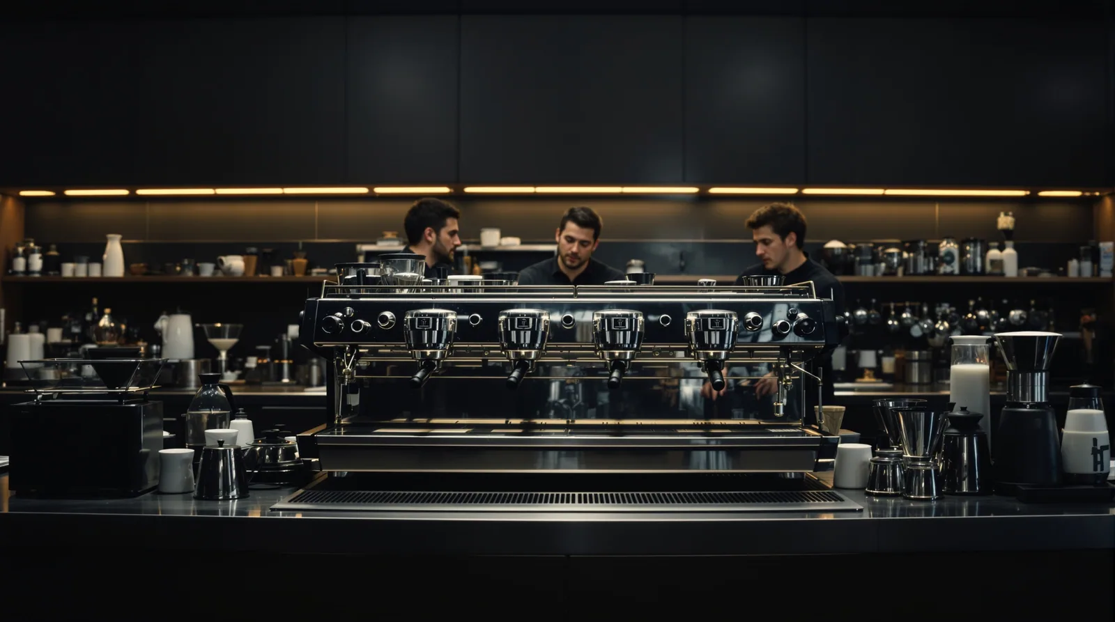barista training session — multi-group espresso machine, students gathered around, scales and milk pitchers on a polished bench