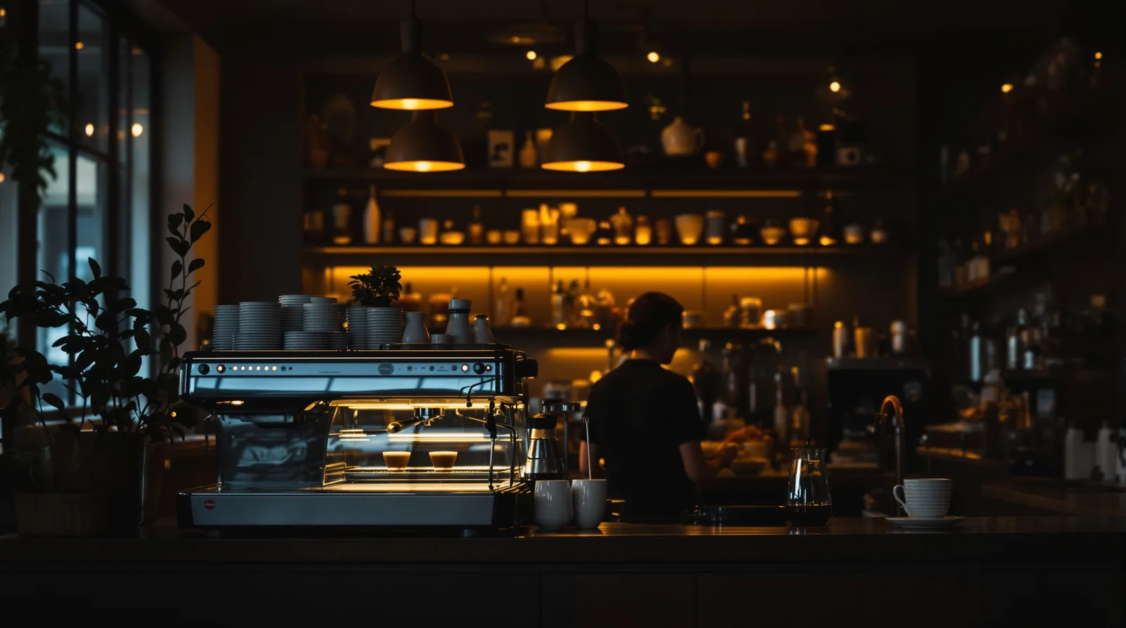 cafe at first light — espresso machine pulling, pastry case ready, the moment before doors open